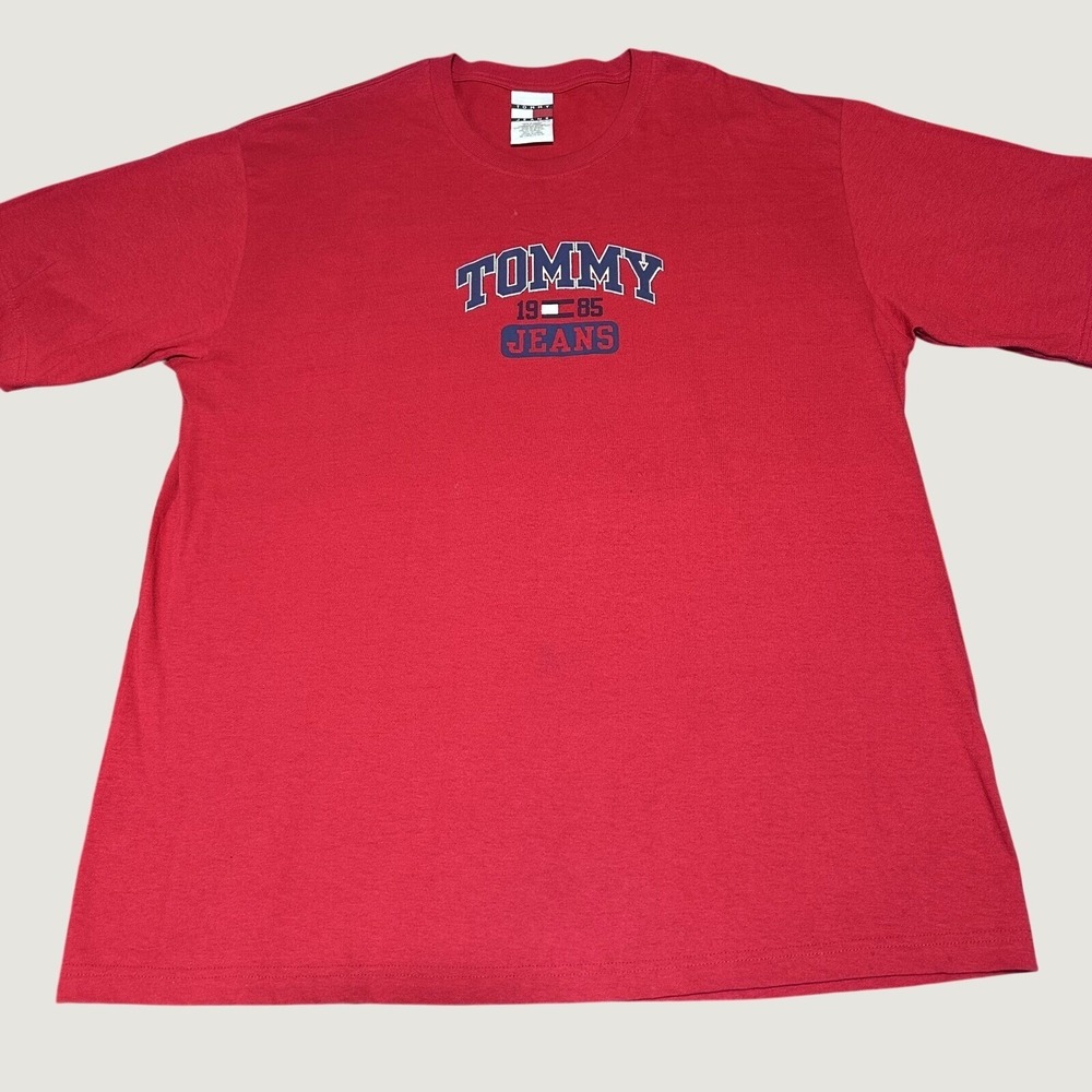 Vintage Y2K Tommy Jeans T-Shirt Mens XL 1985 Graphic Logo Short Sleeve Red